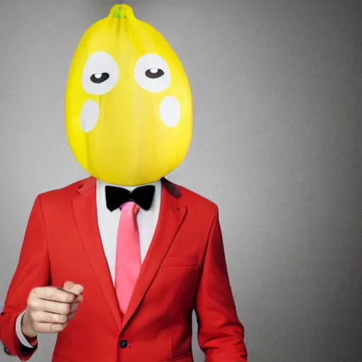 Image similar to a person with a banana head wearing a business suit