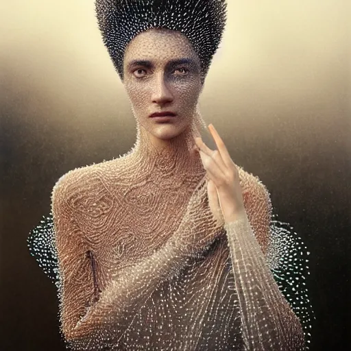 Prompt: full shot of a regal brown woman wearing an intricate and detailed armor made of dew drops. refracted light. morning dew. delicate. translucent. haunting eyes. vulnerable. fragile. ethereal. refracted light. by ray caesar. by louise dahl - wolfe. by andrea kowsch.