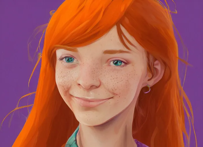 Image similar to portrait of a beautiful smiling girl with orange hair and freckles, green eyes, highly detailed, digital painting, concept art, smooth, sharp, focus, background is purple, artstation, style by Laia López