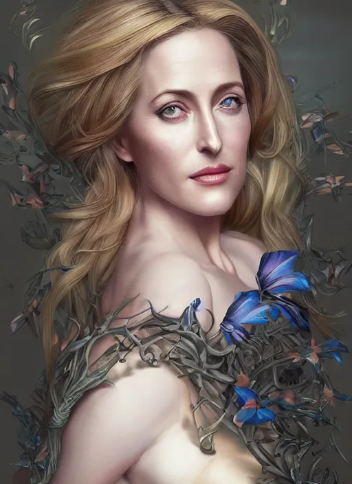 Image similar to full length, Gillian Anderson, beautiful, fantasy, intricate, elegant, highly detailed, digital painting, artstation, concept art, smooth, sharp focus, illustration, art by artgerm and Huang Guangjian