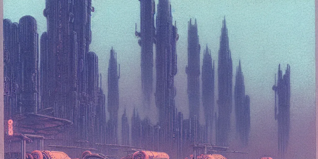 Image similar to grainy risograph matte painting of gigantic huge mech covered with rocket launchers, gattaca, pastel matte colors, staying in the foggy huge parking station, by moebius, hyperrealism, intricate detailed