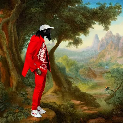 Image similar to the rapper chief keef wearing a red jacket and standing in the garden of eden, cinematic, landscape painting, beautiful