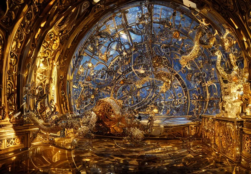 Prompt: spacious highly detailed ornate filigreed convoluted ornamented elaborate cybernetic small rat, chrome, glass domes, glass panes, glowing lights, full body, dramatic lighting, product photography, character design