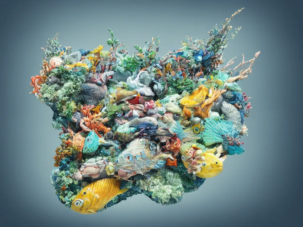 Image similar to a sculpture of fish ocean intertwined, a lovely cornucopia of flowers and human body parts, body parts, highly detailed, octane render, cinematic, shock, sharp focus, ball, an independent psycho,