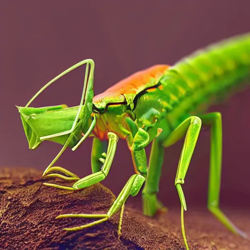 Prompt: centipede and praying mantis morphed together, half praying mantis and half centipede, realistic picture taken at zoo