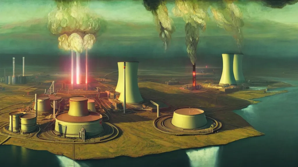 Image similar to A nuclear power plant in utopia by Simon Stålenhag and J.M.W. Turner, oil on canvas; Nuclear Fallout, Art Direction by Adam Adamowicz; 4K, 8K drone shot ; Ultra-Realistic Depth Shading;