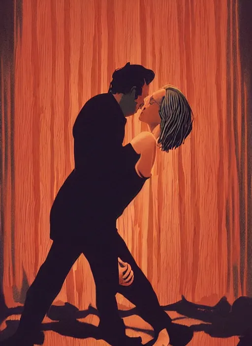 Image similar to poster artwork by Michael Whelan and Tomer Hanuka, Karol Bak of Naomi Watts & Philip Seymour Hoffman falling in love, from scene from Twin Peaks, clean, simple illustration, nostalgic, domestic, full of details