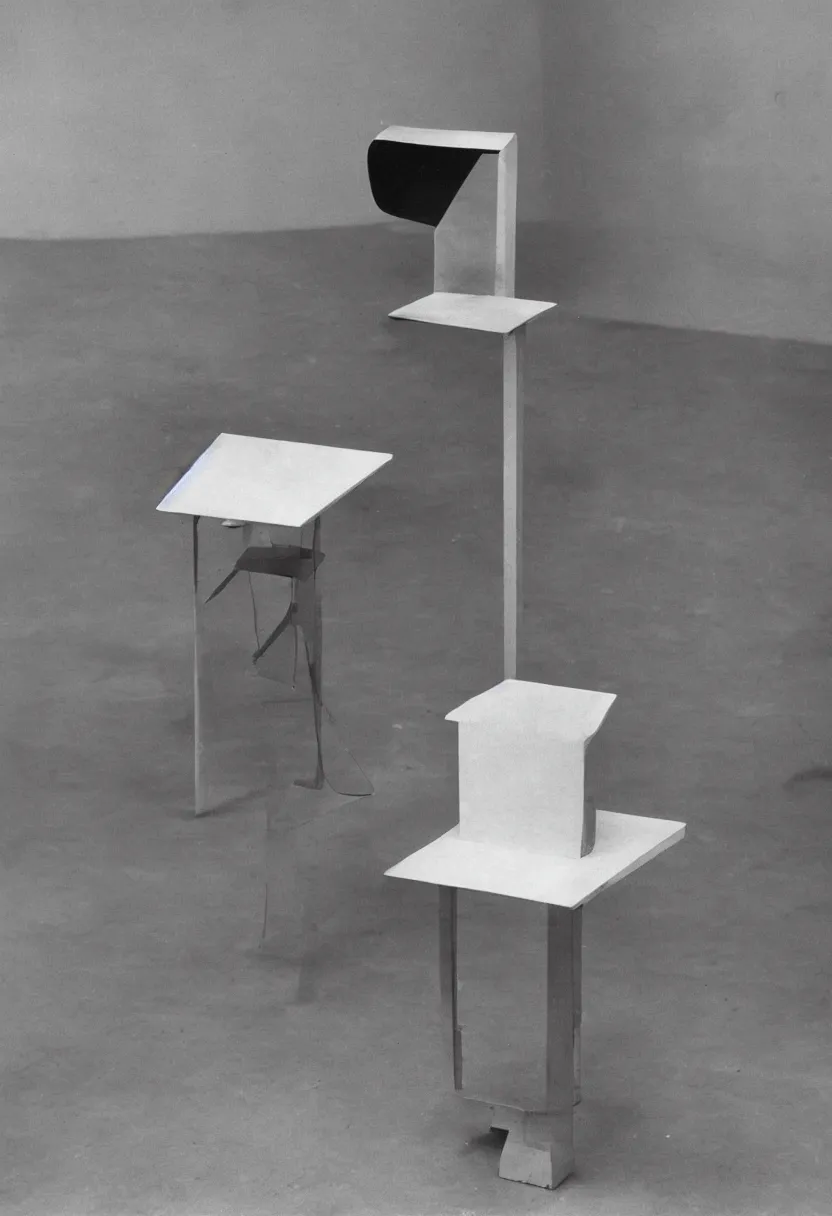 Prompt: minimal machine by Marcel Duchamp, simple readymade object on a pedestal, empty room, archive photography