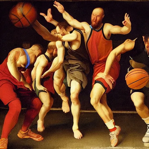 a group of men playing a game of basketball, a