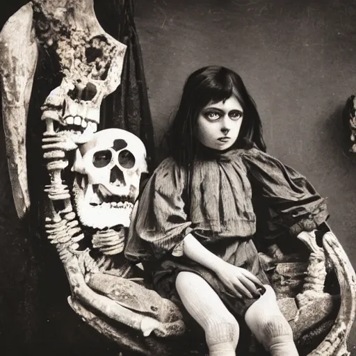 Prompt: a color photo of young sad victorian gothic child with big eyes and wide grin sitting on a sofa of bones surrounded by a cyber futuristic cityscape made of human body parts, sigma 8 5 mm, award winning photography