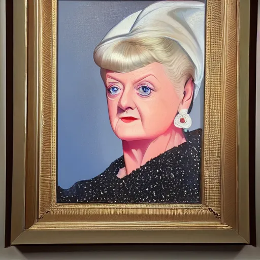 Image similar to very detailed and attractive portrait of dame angela lansbury backlit with an ominous red glow, painted by rene magritte