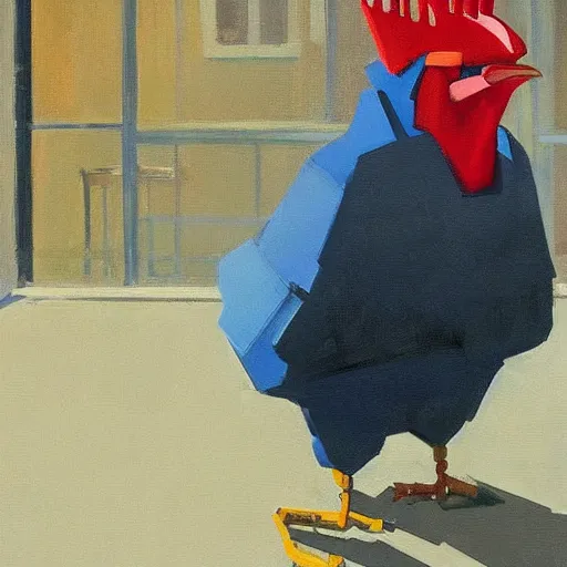 Image similar to a portrait of a robotic rooster wearing a hoodie, a highly detailed edward hopper painting, by adrian ghenie and gerhard richter. art by james gurney. masterpiece, flat surreal design with deep colours. 8 k. artstation