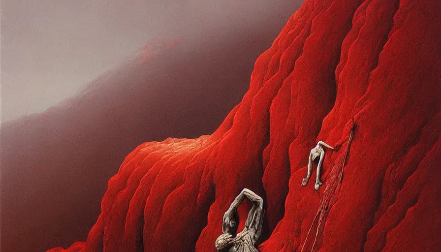 Image similar to landscape artwork of veiled red skeletal angel climbing over a mountain, artwork by zdzislaw beksinski