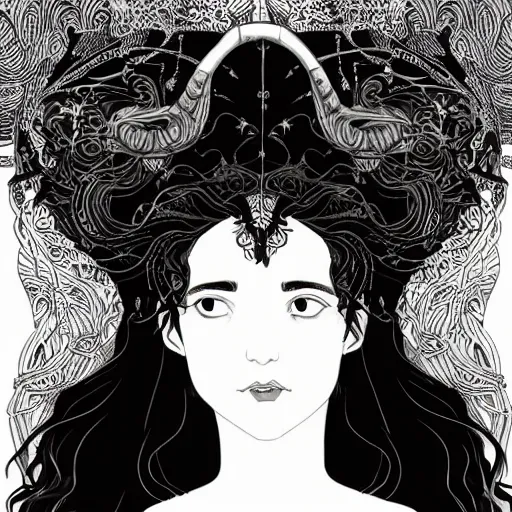 Image similar to filigree detailed illustration portrait of a profile of gypsy girl with long curly hair and big goat horns on her head, aubrey beardsley, tomer hanuka, makoto shinkai