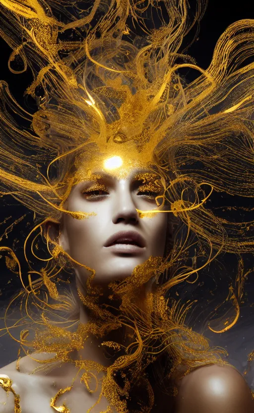 Prompt: abstract head shot intricate portrait of the beautiful supermodel females silhouette sleeping in acrylic paint and crystals, intricate, elegant, abstract art, white and golden quartz and giant abstract marble white paint surrounded by golden smoke and energy glow, golden particles flying in the air. dark concept art, matte painting. epic lens flare. octane render, by wlop, tooth wu, greg rutkowski,