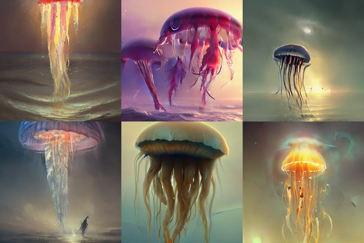 Prompt: painting of a jellyfish, concept art, impressionism, by greg rutkowski, trending on artstation