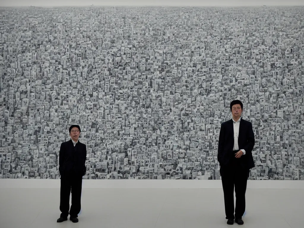 Prompt: ‘The Center of the World’ (office worker at an art gallery, standing in front of an Andreas Gursky landscape photograph) was filmed in Beijing in April 2013 depicting a white collar office worker. A man in his early thirties – the first single-child-generation in China. Representing a new image of an idealized urban successful booming China.