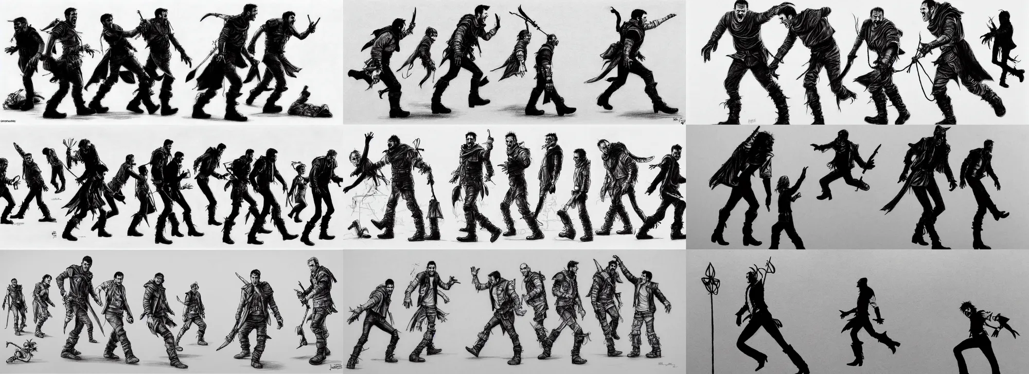 Prompt: mad max being very goofy and funny in monty pythons ministry of silly walks, very light and soft pencil drawing of silhouettes walking silly by james jean