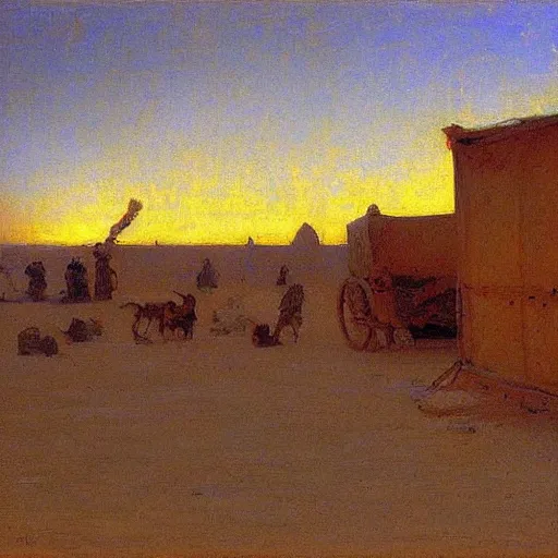 Image similar to timbuktu, by henry ossawa tanner, caravan, at sunrise