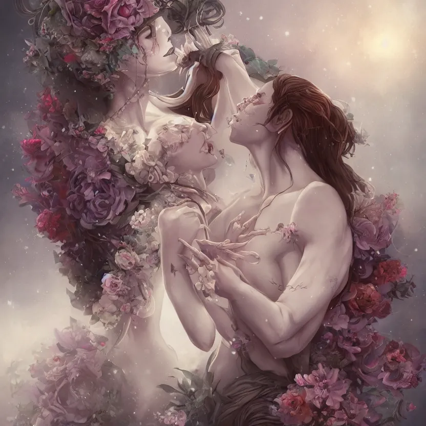 Image similar to Stunning Anime Goddess part skeleton of the floral river flowers, Kissing her king in a dark romance, misty, by cgsociety, in the style of Charlie Bowater, Tom Bagshaw, intricate, beautiful, artstation 8k, high resolution
