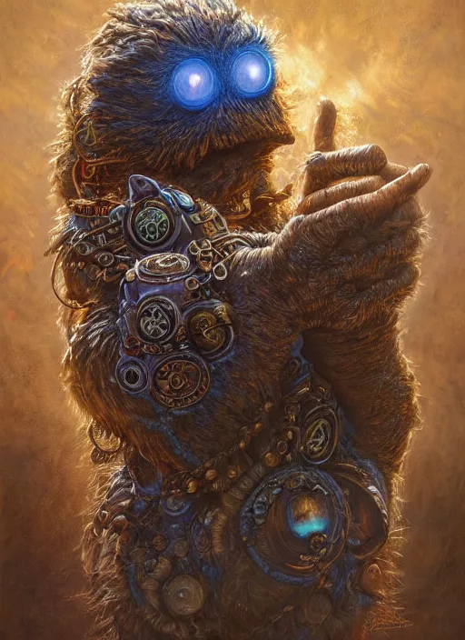 Image similar to cookie monster glowing eyes, shamanic poster lsd art, intricate, elegant, highly detailed, centered, digital painting, artstation, concept art, smooth, sharp focus, illustration, artgerm, tomasz alen kopera, peter mohrbacher, donato giancola, joseph christian leyendecker, wlop, frank frazetta