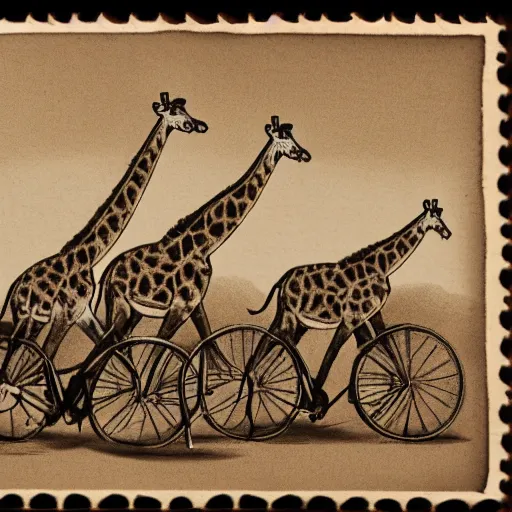 Image similar to giraffe pig hybrids riding bicycles, sepia toned illustration