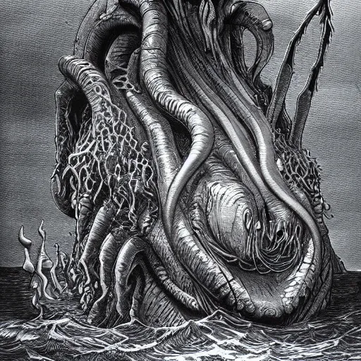 Prompt: sea beast of the depths in the style of michael whelan, h. p. lovecraft, and gustave dore. hyperdetailed photorealism