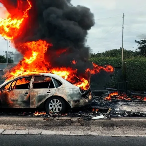 Image similar to A still of a destroyed car on fire, slow motion flames