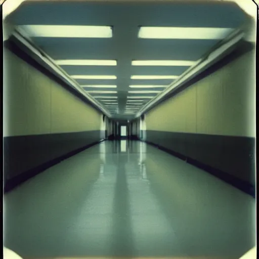 Prompt: An empty hospital hallway with exit signs on the top, Liminal, polaroid photo, 1990, colored