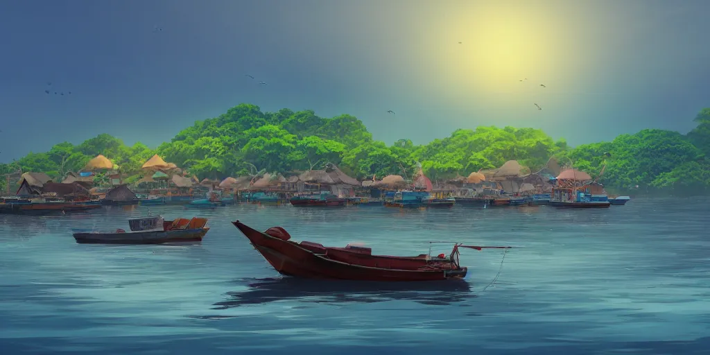Prompt: pulau indah town, boat in foreground, early morning, detailed matte painting, low angle view, telephoto lens, bokeh, studio ghibli, artstation