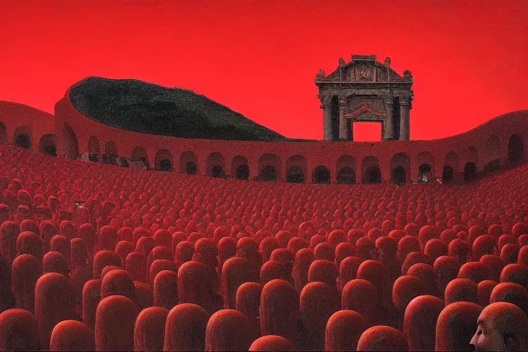 Image similar to only with red, a red great emperor, taormina amphitheatre, expressive crowd with big smile, in the style of beksinski, parts by edward hopper, parts by rodcenko, parts by yue minjun, intricate and epic composition, red by caravaggio, insanely quality, highly detailed, masterpiece, red light, artstation, 4 k