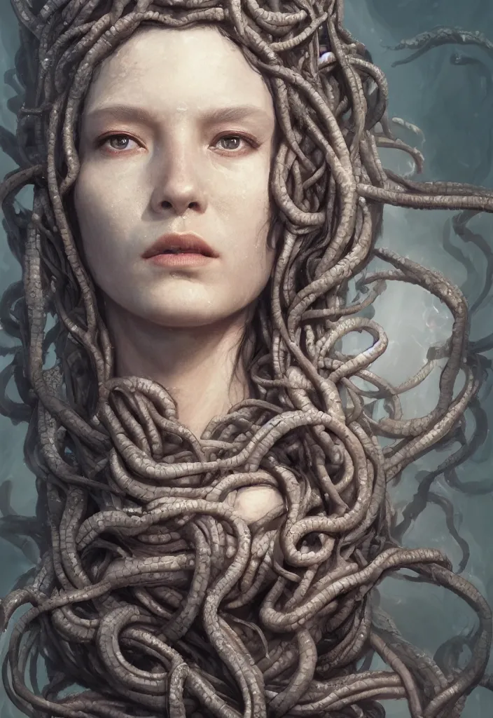 Prompt: A beuatiful portrait of medusa by Greg Rutkowski, Sung Choi, Mitchell Mohrhauser, Maciej Kuciara, Johnson Ting, Maxim Verehin, Peter Konig, close up, Bloodborne , 8k photorealistic, cinematic lighting, HD, high details, dramatic, atmospheric , trending on artstation