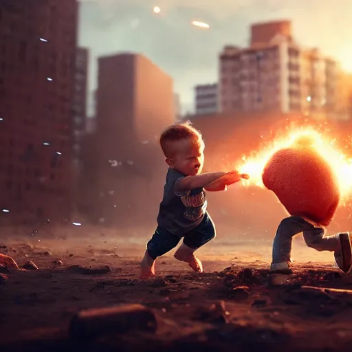 Prompt: random toddler getting absolutely demolished by men, realistic, 8 k, extremely detailed, cgi, trending on artstation, hyper - realistic render, 4 k hd wallpaper, premium prints available, octane render, award winning, by greg rutkowski