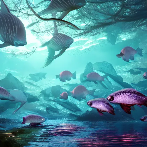 Prompt: school of fish swimming in the dreamy forest under water ,magical effect,cgsociety, 8k,hyperdetailed, artstation