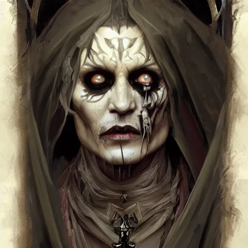 Image similar to Johny Depp as an undead Lich necromancer, Magic the Gathering art, undead facial features, art by greg rutkowski and alphonse mucha, highly detailed, digital painting, matte painting, concept art, illustration, oppressive lighting, trending on artstation, very detailed