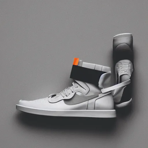 Image similar to a studio photoshoot of A floating Nike high top sneaker designed by Virgil Abloh, leather and suede, Off-White, realistic, color film photography by Tlyer Mitchell, 35 mm, graflex