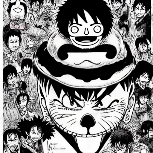 Image similar to [ luffy mustache ] ( by kim jung gi ) ( by kentaro miura ) ( by takao saito ) ( manga style )