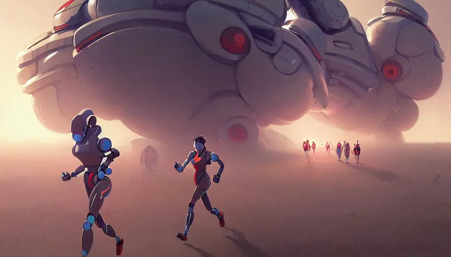 Prompt: running robots in a marathon, digital painting, illustration by artgerm and greg rutkowski and studio ghibli, artstation