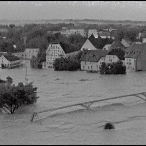 Prompt: old and degraded VHS footage of a small german town being flooded