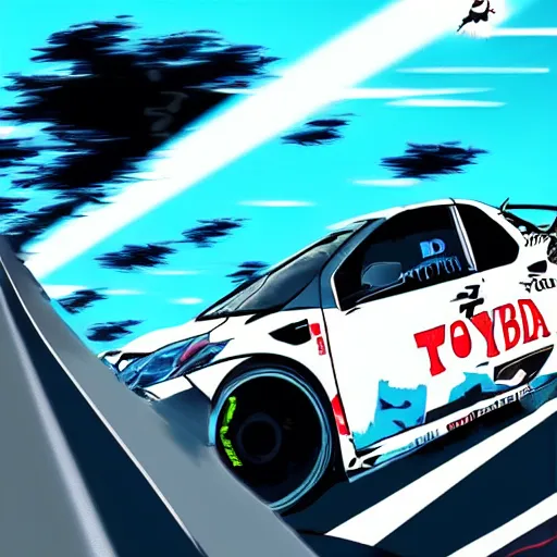 Prompt: blue toyota gr yaris drift on the road, initial d style anime art