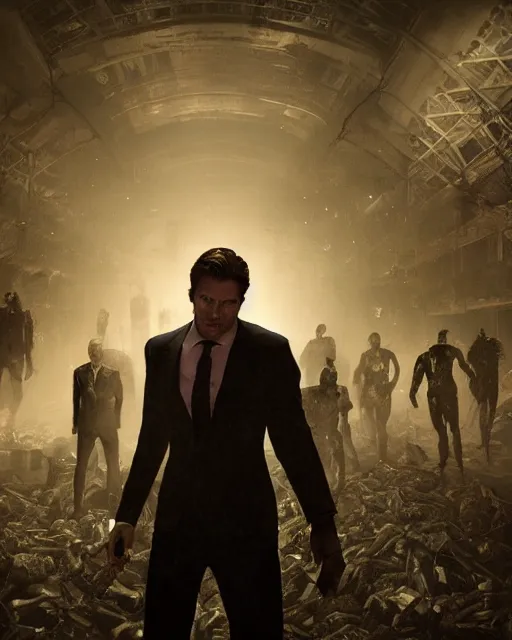 Prompt: A hyperrealistic medium photo of a heroic man standing in a large room, who is surrounded by a horde of zombie monsters wearing business suits, resident evil, cinematic