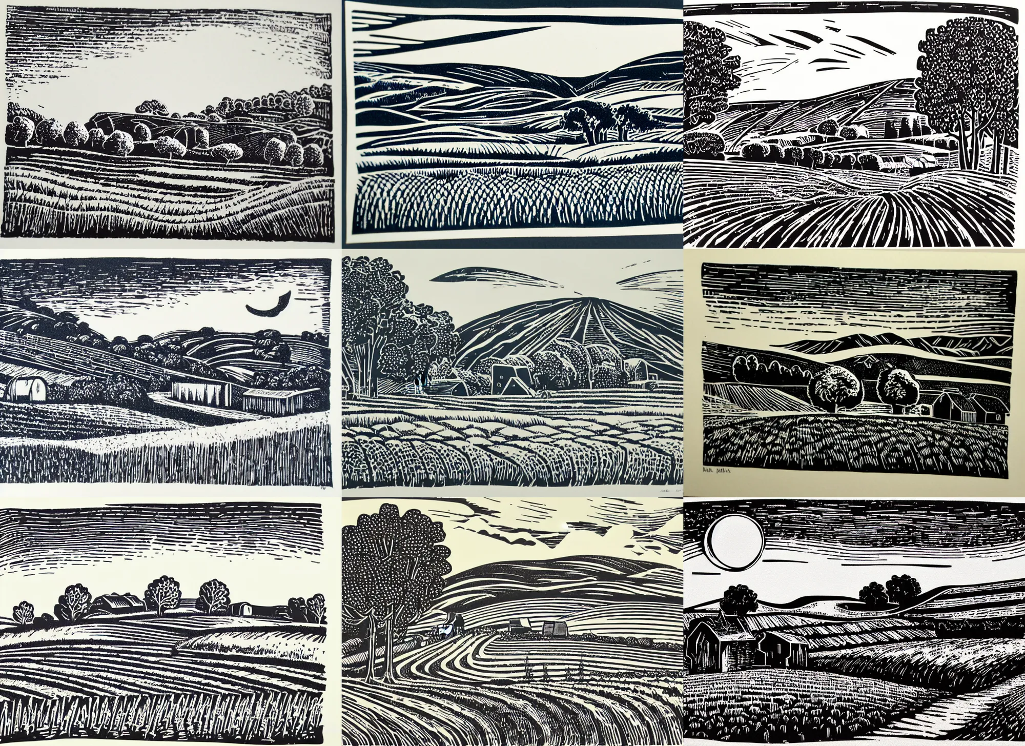 Prompt: a beautiful linocut print on paper of Rural landscape with a farm