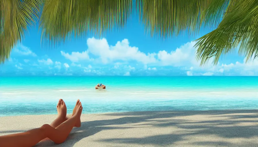 Image similar to first person view from a man lounging on a beautiful tropical beach with a stunning turquoise ocean in the background. his legs stretch out in front of the camera, digital art, highly detailed, realistic, bright colors, 8 k