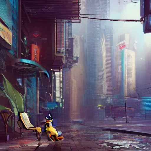 Prompt: long shot of cat sitting on a bench in a cyberpunk city, highly detailed, digital painting, artstation, concept art, sharp focus, illustration, octane render, award winning