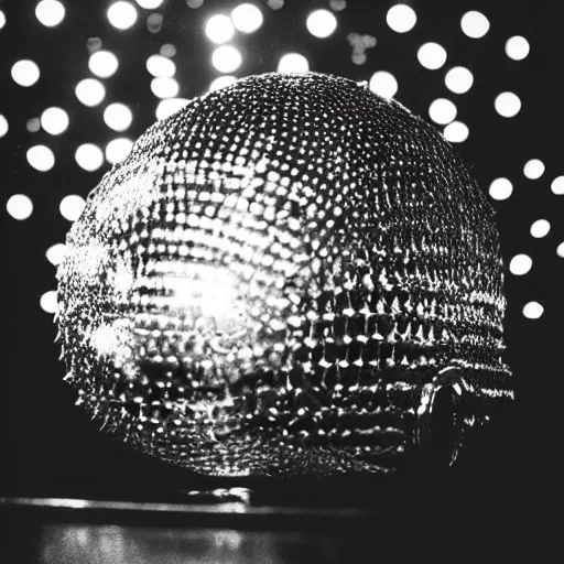 Prompt: a disco ball shaped like a skull full of long spikes, reflecting light in a nightclub, grainy film photograph