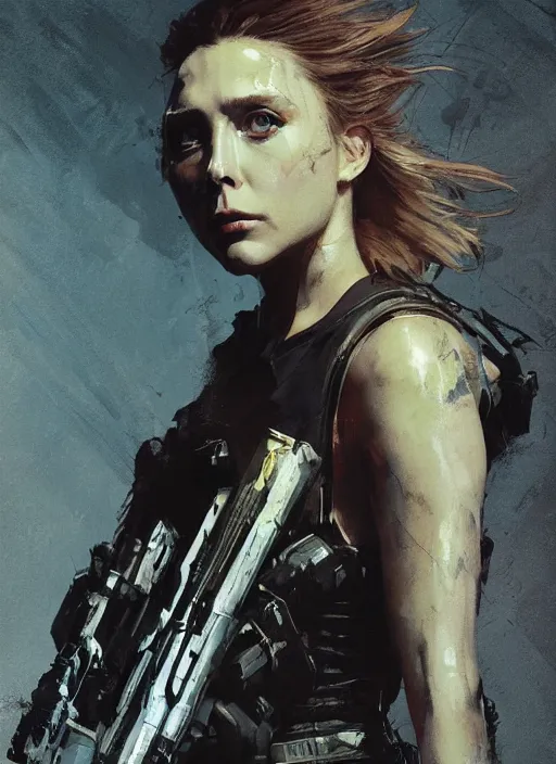 Image similar to Elizabeth Olsen wearing metal gear armor holding a shotgun dramatic lighting art by Yoji Shinkawa by Richard Schmid by greg rutkowski by Sandra Chevrier by Jeremy Lipking cinematic dramatic