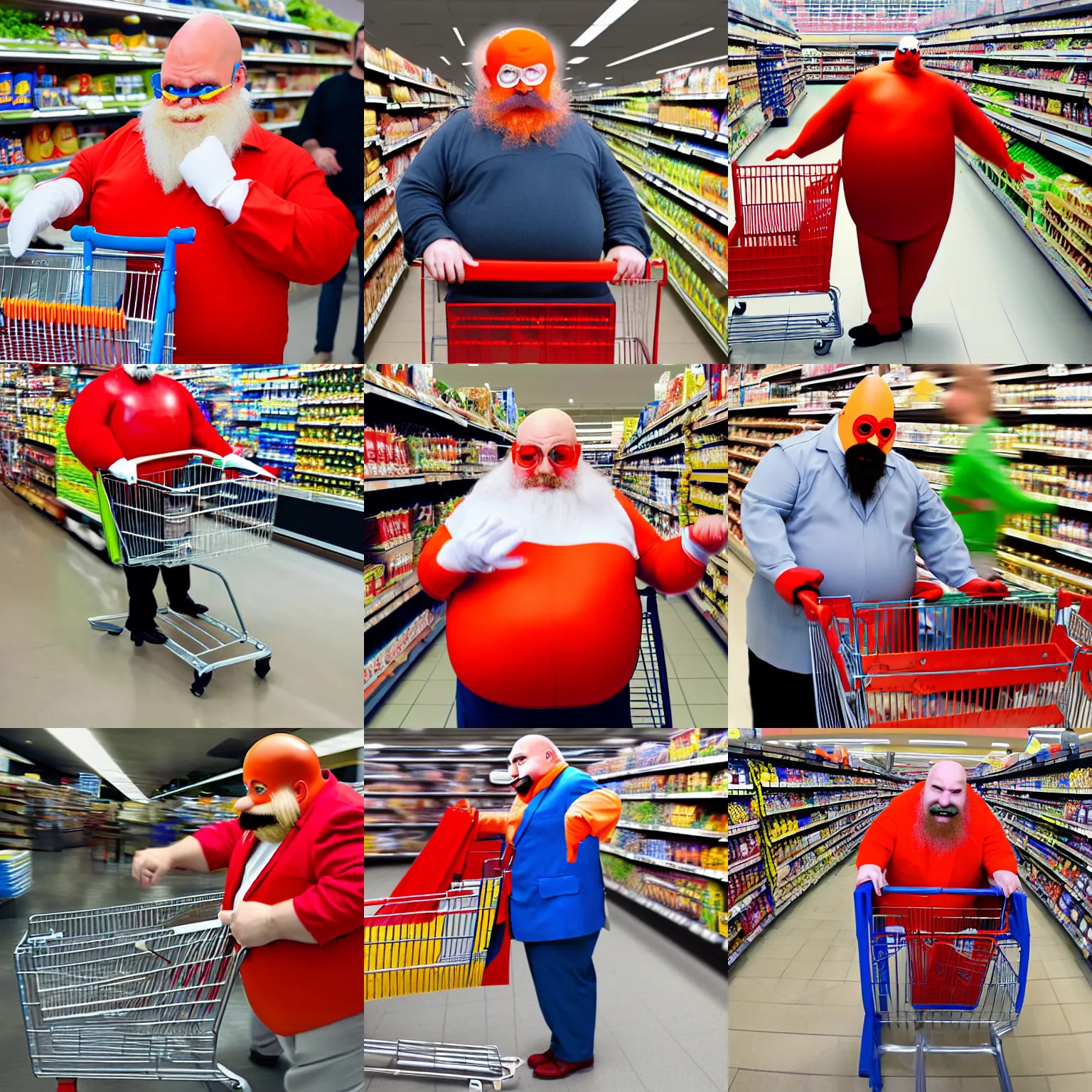 Prompt: dr. robotnik pushing a shopping cart at a supermarket, bald, long and orange mustache, red uniform, overweight