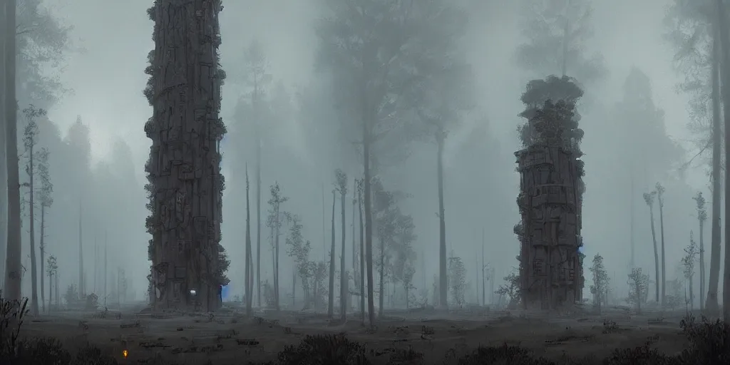 Image similar to Monumental old ruins tower of a dark misty forest, overcast, sci-fi digital painting by Simon Stålenhag,