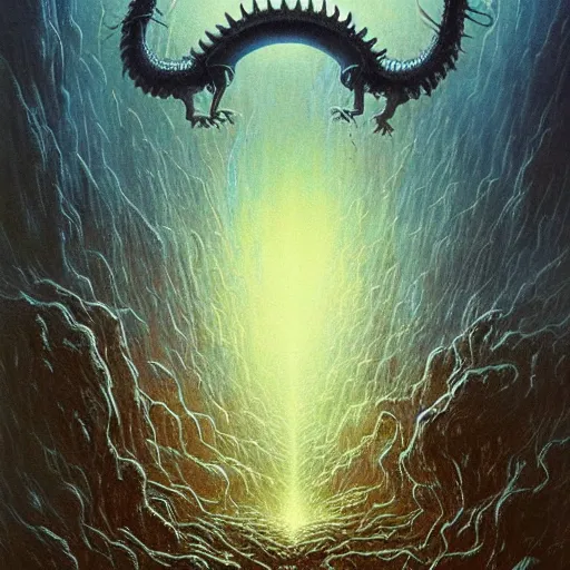 Image similar to cyber dragon beksinski, eldritch, apocalypse, creepy creature, horror spooky