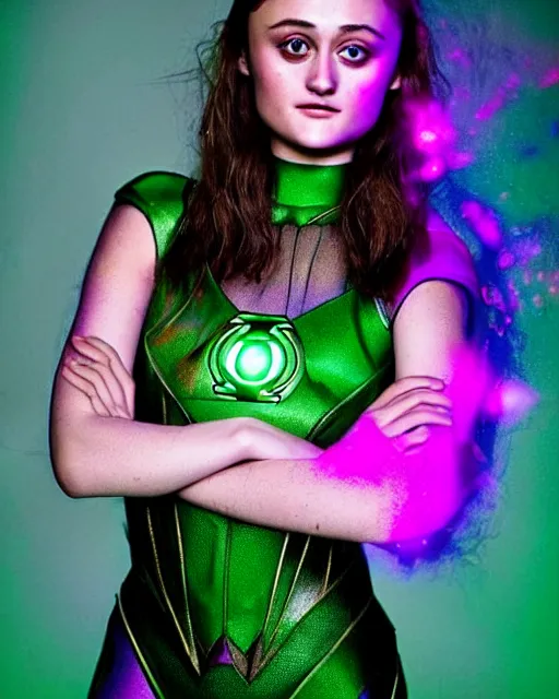 Image similar to photos of beautiful actress Ella Purnell dressed as the Green Lantern Soranik Natu, Photogenic, purple skin, short black pixie like hair, particle effects, photography, studio lighting, in the style of Annie Leibovitz